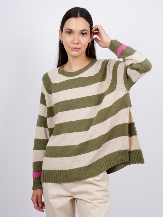 Striped Crewneck Sweater with Slit